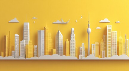 Stylized cityscape rendered in shades of yellow and white against a solid yellow background, featuring simplified building structures and paper-like clouds
