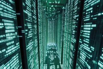 A digital, teal-lit corridor of towering data streams, resembling a futuristic server room or cybernetic landscape, stretching into a vanishing point