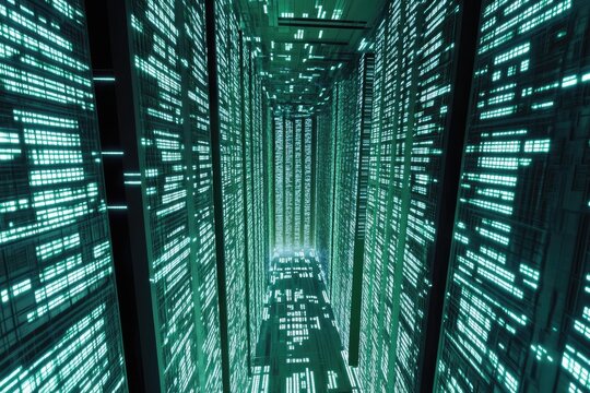 A digital, teal-lit corridor of towering data streams, resembling a futuristic server room or cybernetic landscape, stretching into a vanishing point