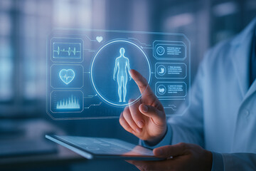 AI generated digital medical concept showing a doctor interacting with a holographic human body and biometric data display in a high tech clinical environment