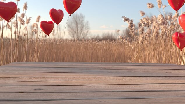 Wooden platform with red heart balloons in a field of tall grass.