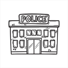 Police station cartoon illustration, hand-drawn doodle style. Black and white outline of a law enforcement building, perfect for coloring books or icons.
