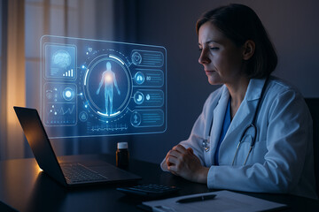 AI generated female doctor studying virtual health dashboard at night showing digital diagnostics data and futuristic body scan in calm focused atmosphere