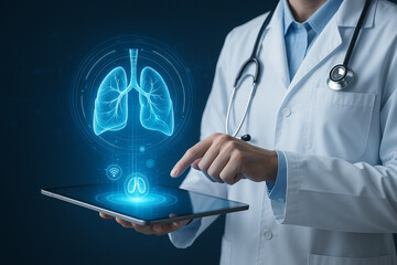 AI generated futuristic medical scene with doctor using tablet to analyze respiratory system via glowing lung hologram in clean high tech environment