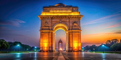 Night photography captures India Gate's illuminated architecture, a breathtaking Delhi landmark.