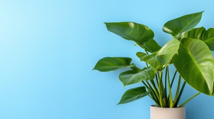 Green foliage of houseplants stands out against a soothing blue background