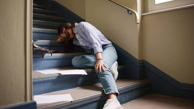 Woman Sitting On Staircase After Slip