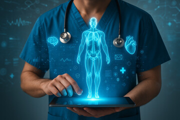 AI generated medical professional in blue scrubs using tablet projecting glowing full body hologram with biometric data icons brain heart and health analytics in futuristic digital setting