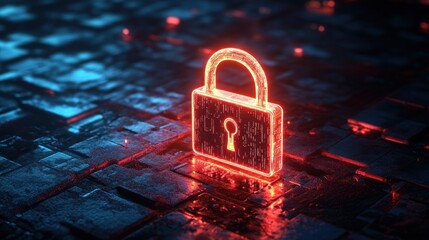 Glowing padlock on a dark, futuristic grid