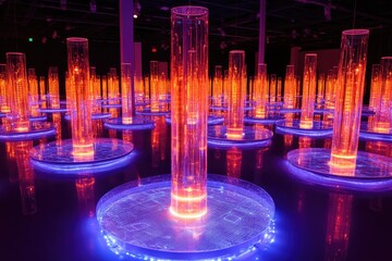 A dimly lit space features numerous translucent cylindrical structures illuminated from within by warm orange light, set upon circular platforms with cool blue LED lighting.