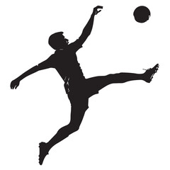 Silhouette of a male soccer player in mid air kicking a ball with dynamic action
