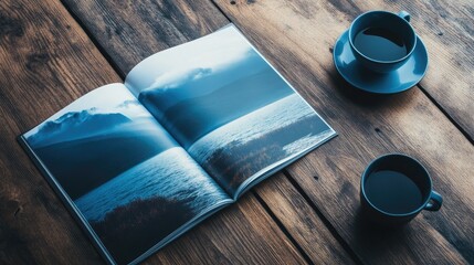 A dark blue, landscape photography book lies open on a rustic wooden table, accompanied by two matching dark blue coffee cups and saucers.  The image has a moody, serene atmosphere