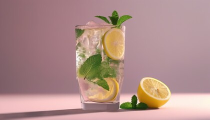 Fototapeta premium Refreshing chilled lemon water with mint and ice for summer beverage concepts with copy space