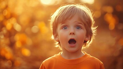 Autumn surprise child outdoors; boy with wide eyes and open mouth in orange shirt under golden light. Genuine emotion captured
