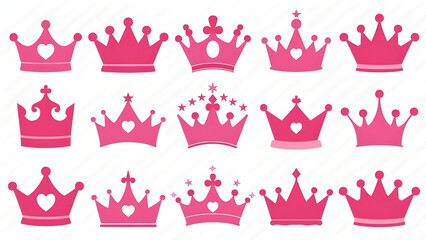 Pink Princess Crown Vector Set – 12 Royal Silhouette Icons