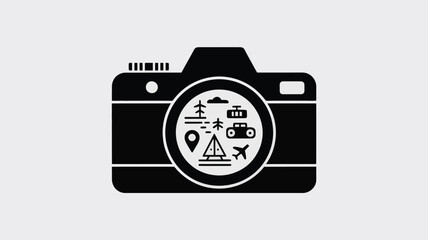 Camera icon with travel destinations inside the lens in black