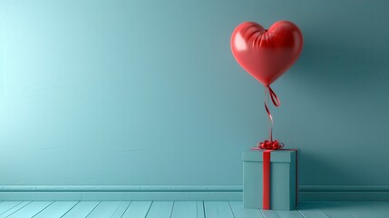 Red heart balloon tied to blue gift box against a blue wall