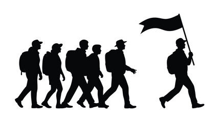 Silhouette of hikers with backpacks following a leader with banner