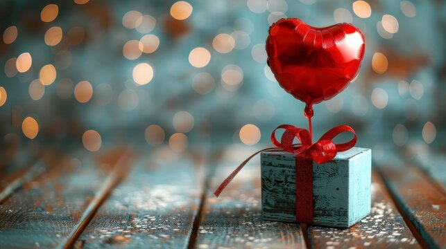 Red heart balloon tied to small blue gift box on rustic wooden surface with bokeh background