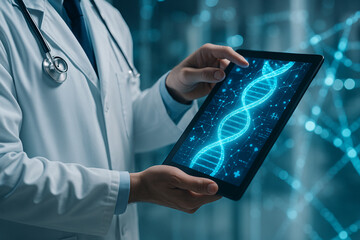 AI generated futuristic doctor using tablet to examine glowing digital DNA helix surrounded by biotech interface in high tech medical environment with blue light