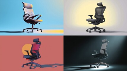 Four office chairs, each with different colors and backgrounds, showcasing design features