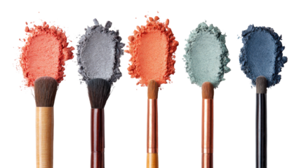 Peach, Coral, Gray, and Blue Eyeshadow Palettes with Makeup Accessories on Transparent Background

