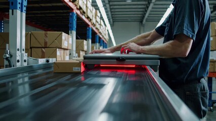 A worker in a busy warehouse scans packages on a conveyor belt with precision and speed. Stacks of boxes fill the space, ready for shipment, highlighting efficient logistics and modern technology.