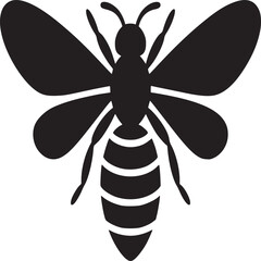 A simple black and white graphic of a bee with striped abdomen and detailed wings on white background