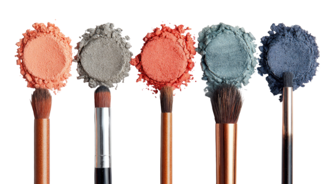 Peach, Coral, Gray, and Blue Eyeshadow Palettes with Makeup Accessories on Transparent Background

