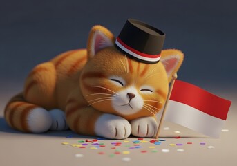 Adorable Kitten in a Hat Celebrating Indonesian Independence Day