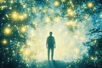 A solitary figure stands silhouetted against a luminous, ethereal forest canopy teeming with glowing lights, creating a mystical and dreamlike atmosphere