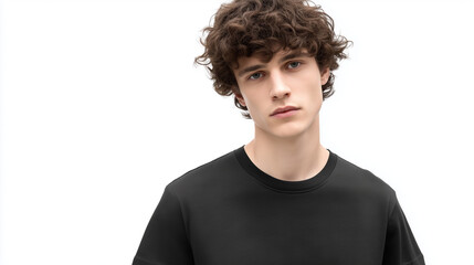 Young Male Model with Curly Hair Wearing Black T-Shirt in Studio