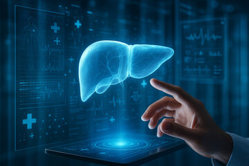 AI generated transparent holographic human liver floating in futuristic lab with glowing interface and hand interacting in advanced medical diagnosis environment
