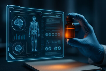 AI generated digital interface overlays real hand holding medicine bottle with human body scan and brain data in blue futuristic environment