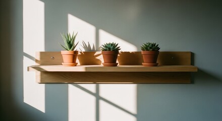 Sunlight streams onto a wooden shelf holding three small terracotta pots with succulents