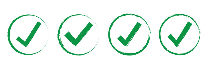 Set of check marks drawn with brush strokes. Approval symbol. Green tick mark symbol on isolated background. Vector.