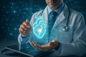 AI generated futuristic medical image of a doctor interacting with a glowing 3D heart hologram surrounded by data lines and biometric interface in a clean clinical environment