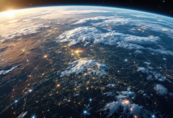 Obraz premium A sunrise illuminates Earth, showcasing a complex network of interconnected nodes, representing global communication and data flow, 