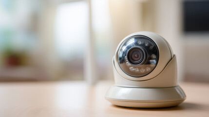 Wireless Security Camera on Wooden Table in Bright Living Room