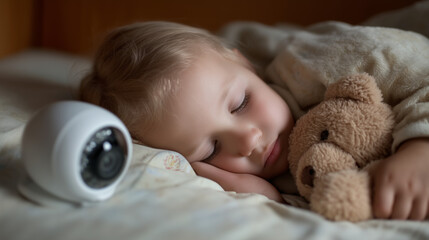 Young Girl Sleeping Peacefully with Teddy Bear and Security Camera in Bedroom