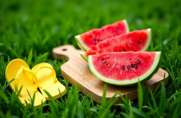 Watermelon slices on wooden board and yellow flip-flops on green grass