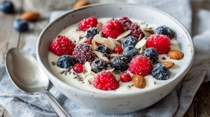 Delicious diabetic breakfast bowl featuring yogurt, mixed berries, flaxseed, and almond slices for a healthy start