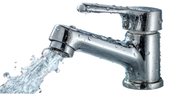 Water flowing from modern faucet in kitchen close-up bright light. Isolated on transparent background, png.