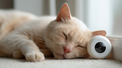 Cream Cat Sleeping Near Security Camera on Window Sill in Cozy Home Setting