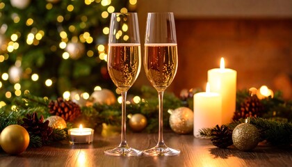 Celebrating with Champagne Glasses, Candles and Christmas Tree