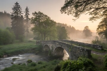 Fototapeta premium Enchanted Stone Bridge Over Misty River at Dawn – Cinematic Forest Landscape