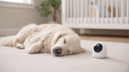 Golden Retriever Puppy Sleeping Near Security Camera in Cozy Nursery