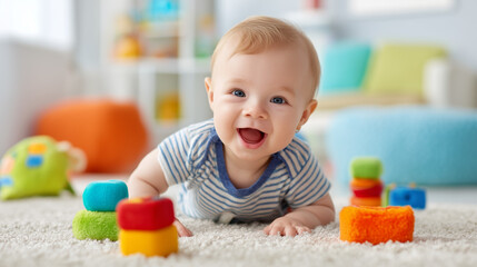 Happy Baby Lying on Carpet Playing with Colorful Soft Blocks in Bright Living Room
