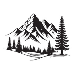 Majestic mountain range with evergreen trees in a hand drawn sketch style
