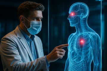 AI generated futuristic doctor analyzing glowing holographic human anatomy in high tech digital lab with blue neon light